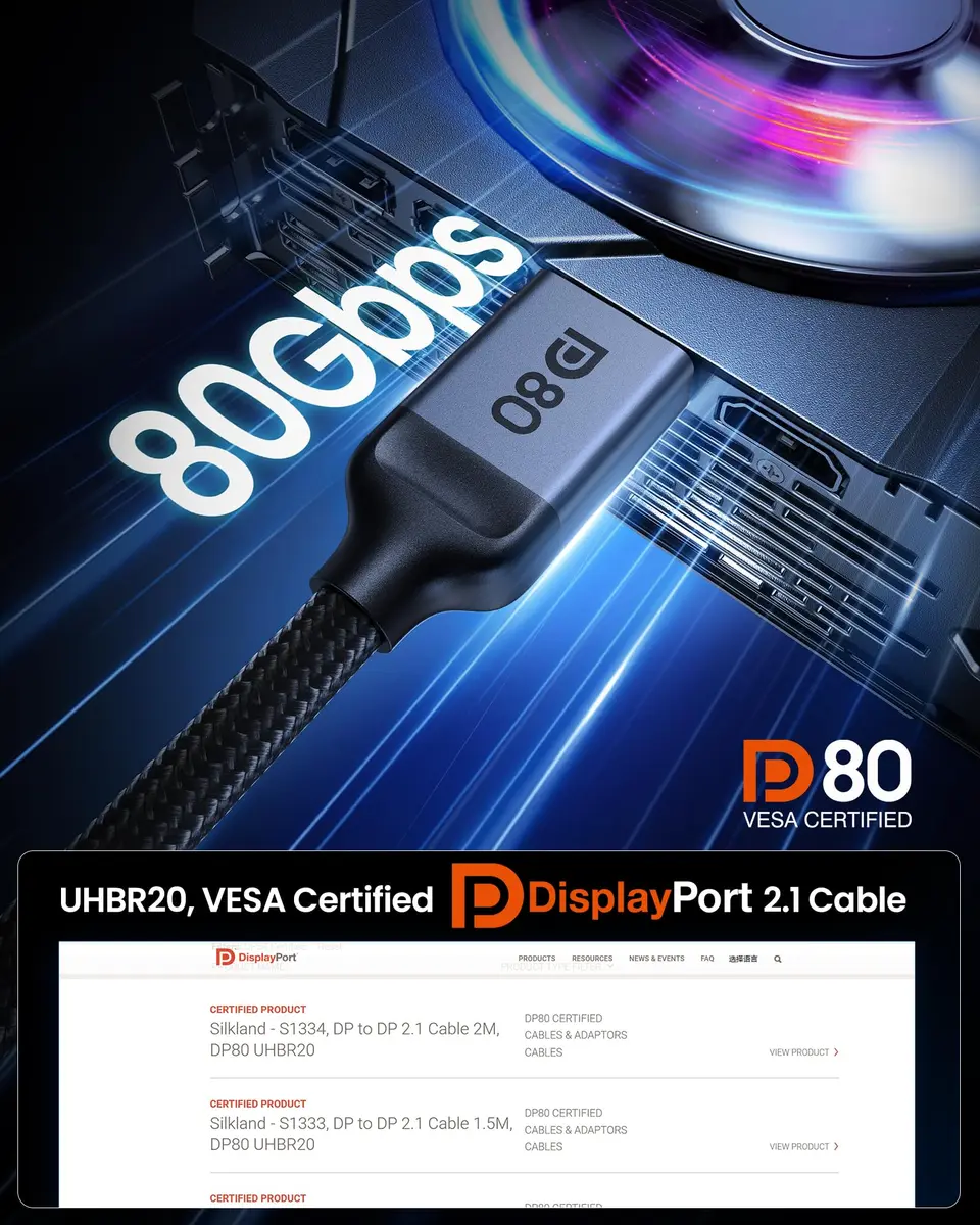Silkland 80Gbps DisplayPort 2.1 Cable 1.5M (5FT) | VESA Certified 16K@60Hz, 8K@240Hz, 4K@540Hz - view 2