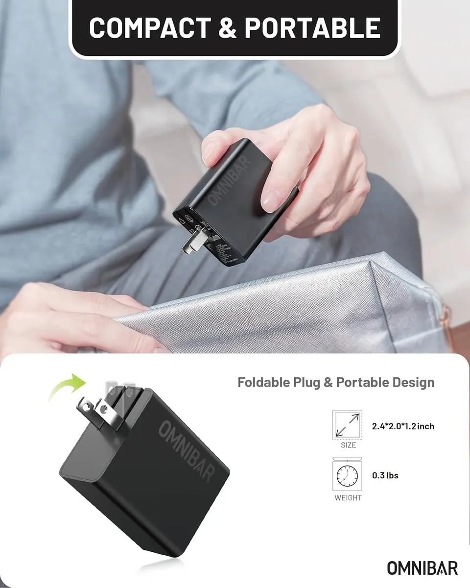 Omnibar 65W USB C Charger Block | 3-Port GaN Fast Wall Charger, Black - view 6