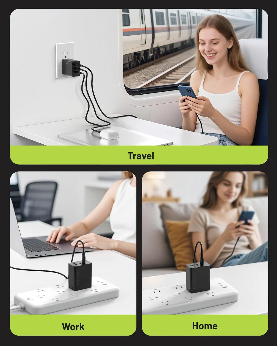 Omnibar 65W USB C Charger Block | 3-Port GaN Fast Wall Charger, Black - view 9