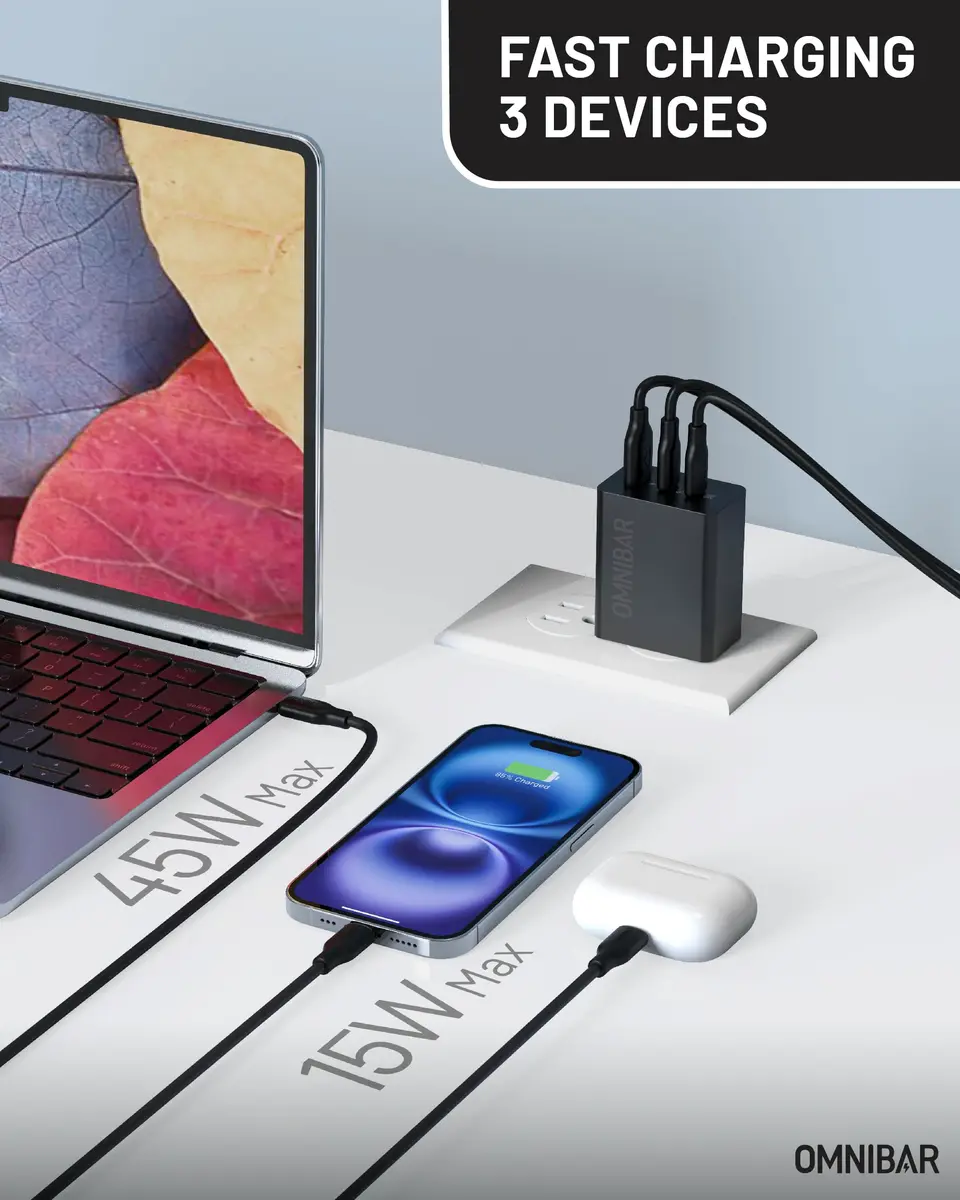 Omnibar 65W USB C Charger Block | 3-Port GaN Fast Wall Charger, Black - view 2