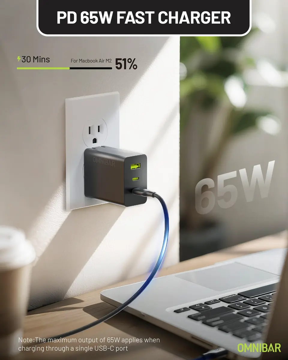 Omnibar 65W USB C Charger Block | 3-Port GaN Fast Wall Charger, Black - view 3