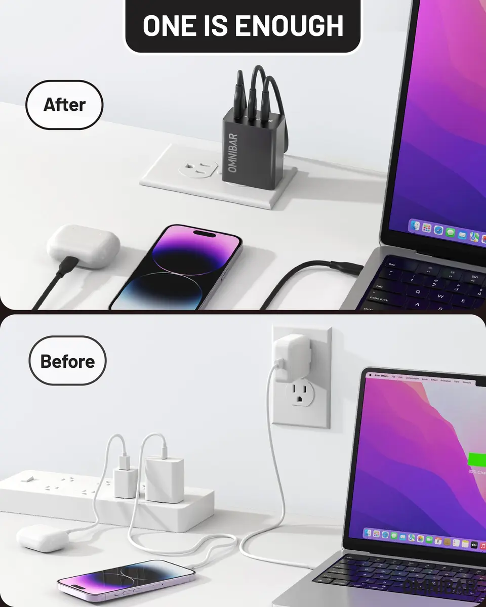 Omnibar 65W USB C Charger Block | 3-Port GaN Fast Wall Charger, Black - view 4