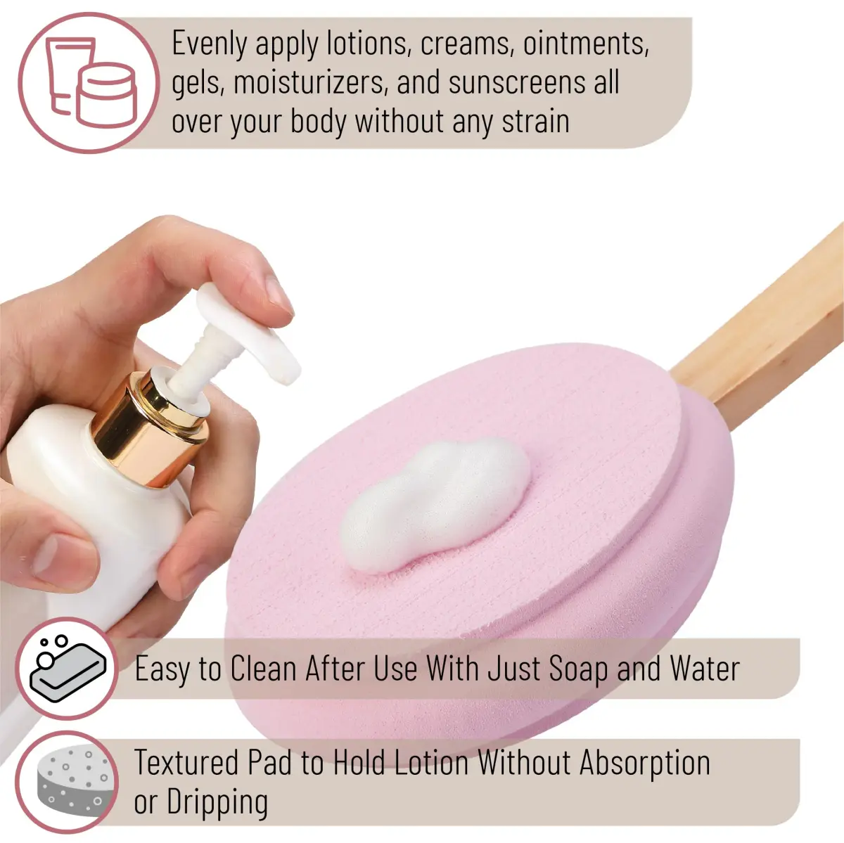 Slick Solutions 17 Inch Pink Lotion Applicator with 3 Extra Pads for Easy Back & Body Reach - view 4
