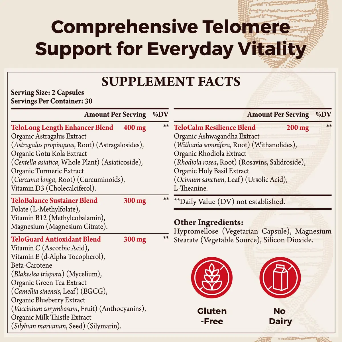 Orinthalixium Telomere Lengthening Supplements – Organic Astragalus, Gotu Kola, Vitamin D3, Folate, L-Theanine – 60 Vegan Capsules, Made in Japan - view 2