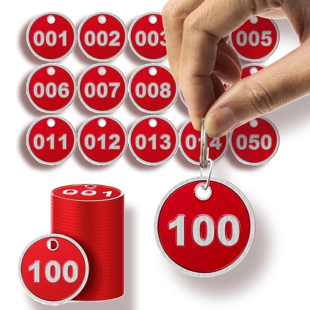 BELMAKS Red Metal Number Tags 1-100 | Durable Alloy Steel Key Tags for Organization - main product image