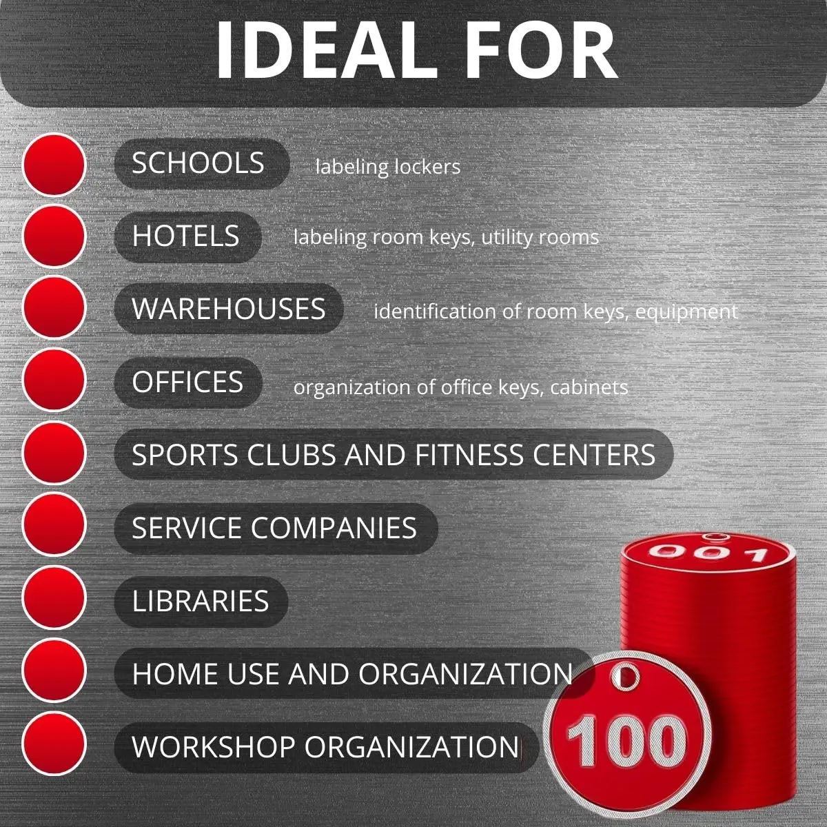 BELMAKS Red Metal Number Tags 1-100 | Durable Alloy Steel Key Tags for Organization - view 5