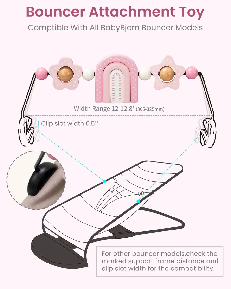 TinlyFinly Baby Bouncer Toy Bar Pink Rainbow | Wooden Attachment for Baby Bjorn Bouncers, Develops Motor Skills - view 5