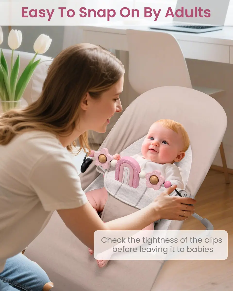 TinlyFinly Baby Bouncer Toy Bar Pink Rainbow | Wooden Attachment for Baby Bjorn Bouncers, Develops Motor Skills - view 6