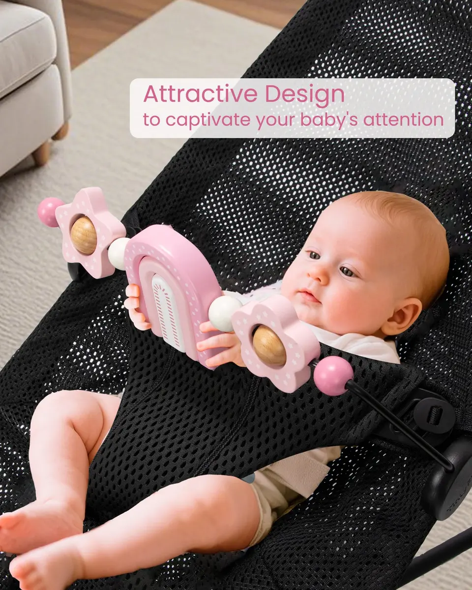 TinlyFinly Baby Bouncer Toy Bar Pink Rainbow | Wooden Attachment for Baby Bjorn Bouncers, Develops Motor Skills - view 2