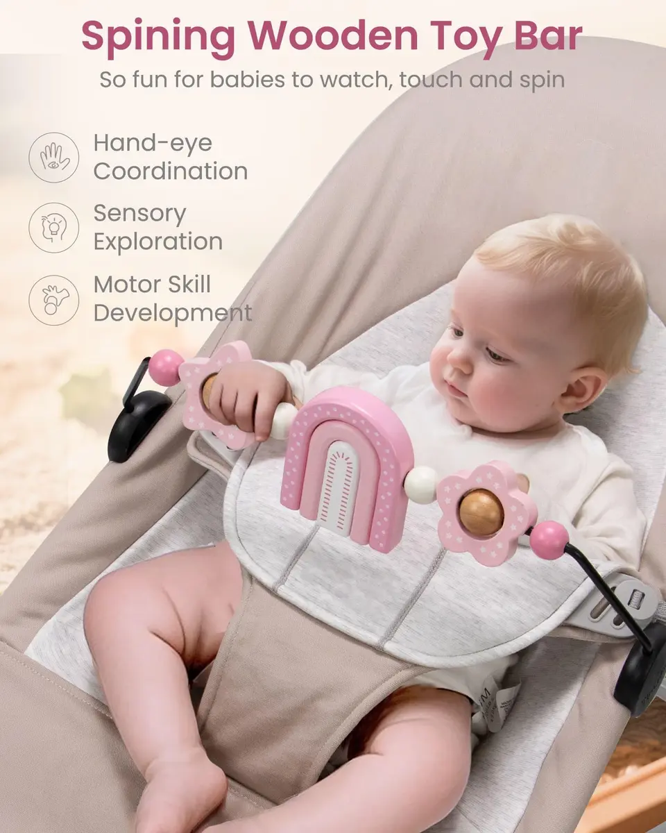 TinlyFinly Baby Bouncer Toy Bar Pink Rainbow | Wooden Attachment for Baby Bjorn Bouncers, Develops Motor Skills - view 3
