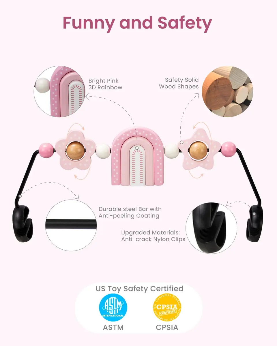 TinlyFinly Baby Bouncer Toy Bar Pink Rainbow | Wooden Attachment for Baby Bjorn Bouncers, Develops Motor Skills - view 4