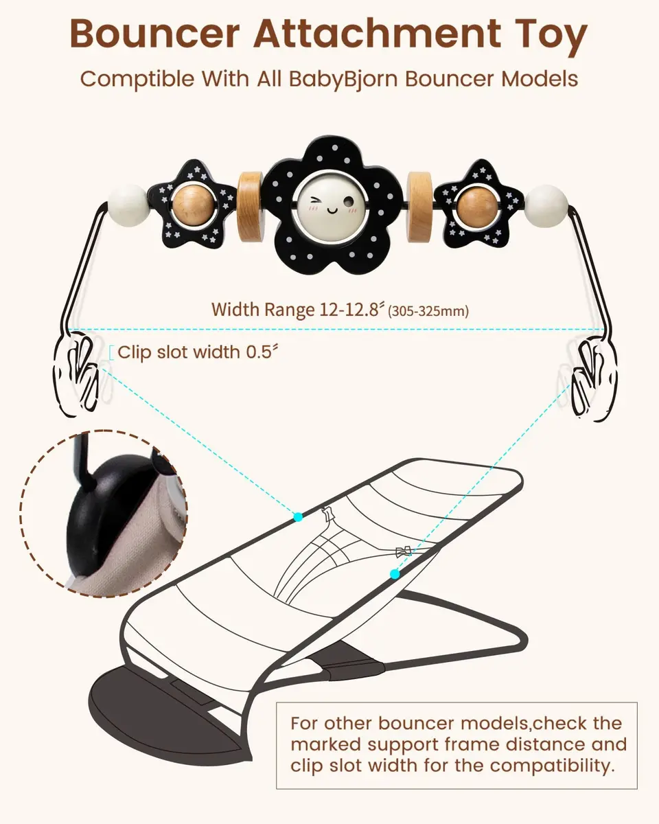 TinlyFinly Baby Bouncer Toy Bar Wooden Compatible with Baby Bjorn Bouncers, Black and White Flower | Engages & Develops Baby's Motor Skills - view 5