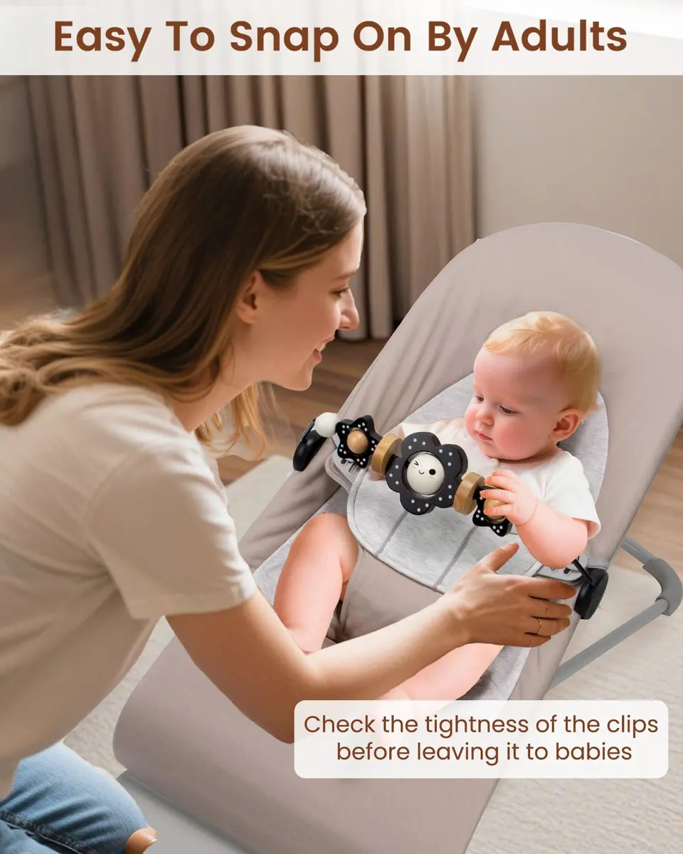 TinlyFinly Baby Bouncer Toy Bar Wooden Compatible with Baby Bjorn Bouncers, Black and White Flower | Engages & Develops Baby's Motor Skills - view 7