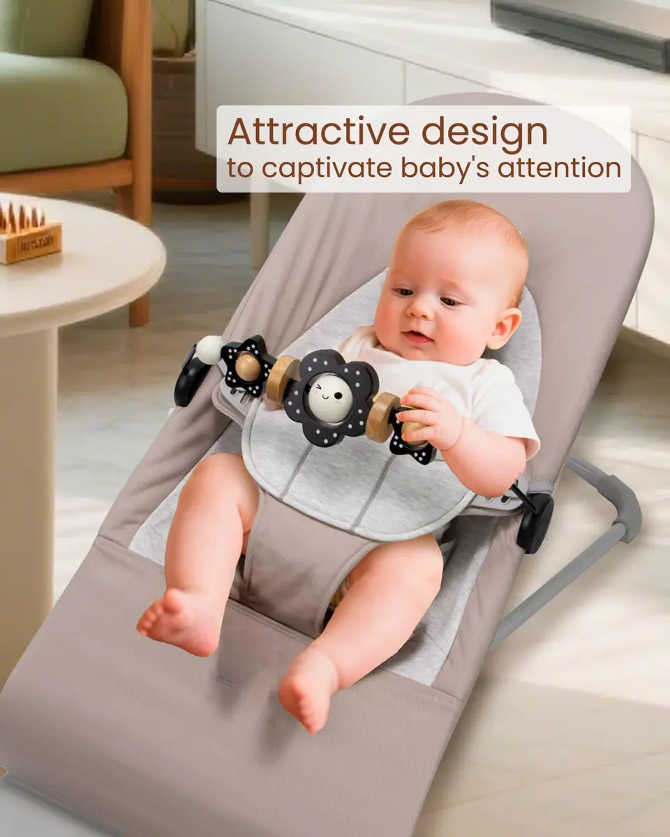 TinlyFinly Baby Bouncer Toy Bar Wooden Compatible with Baby Bjorn Bouncers, Black and White Flower | Engages & Develops Baby's Motor Skills - view 2