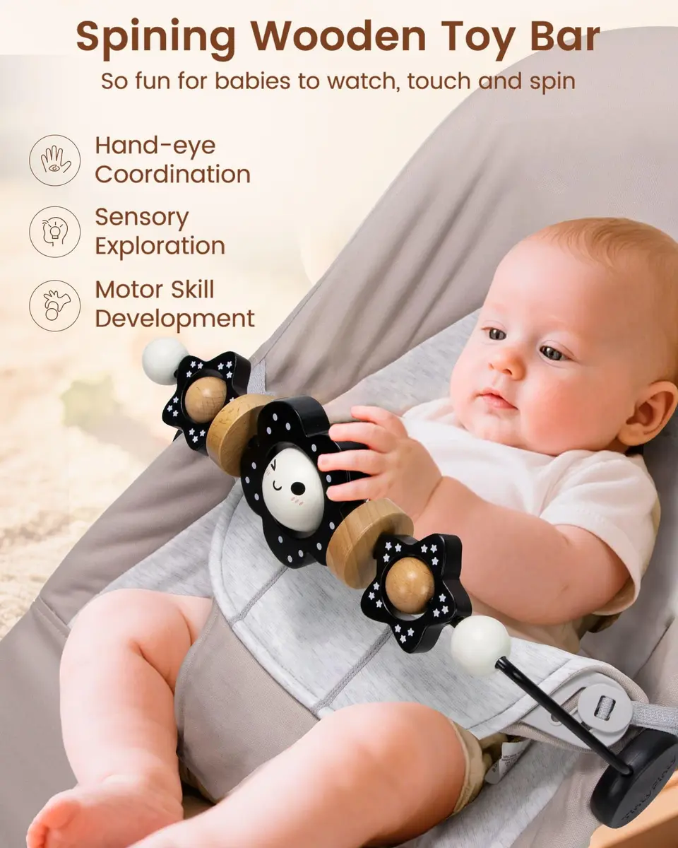 TinlyFinly Baby Bouncer Toy Bar Wooden Compatible with Baby Bjorn Bouncers, Black and White Flower | Engages & Develops Baby's Motor Skills - view 3
