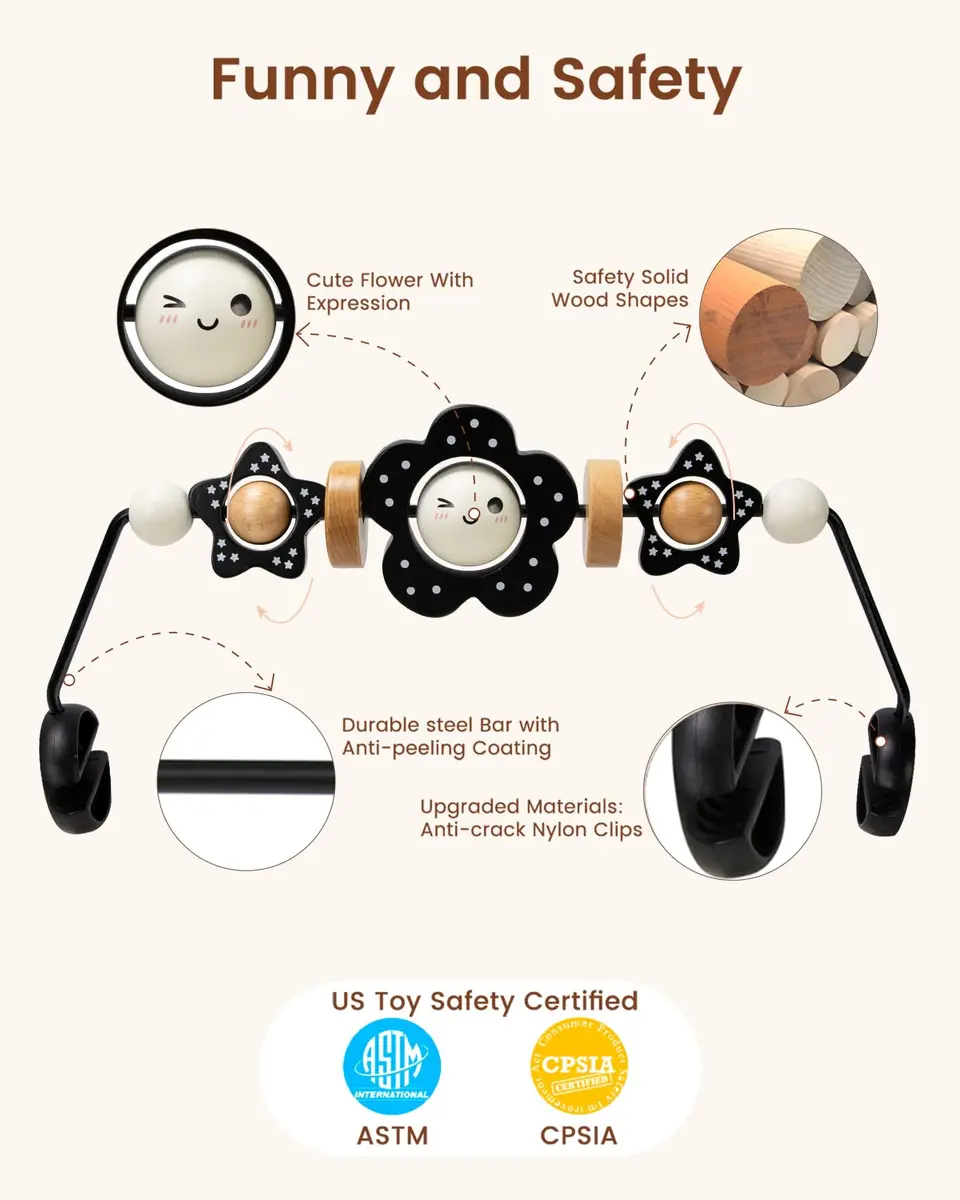 TinlyFinly Baby Bouncer Toy Bar Wooden Compatible with Baby Bjorn Bouncers, Black and White Flower | Engages & Develops Baby's Motor Skills - view 4