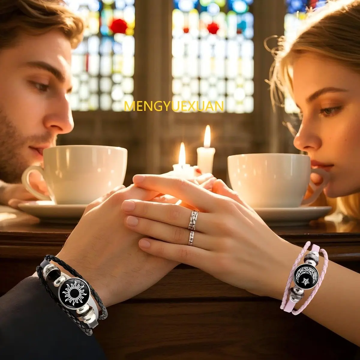 MENGYUEXUAN Luminous Sun and Moon Couple Bracelet | Glow in the Dark Adjustable Leather Jewelry for Couples - view 7