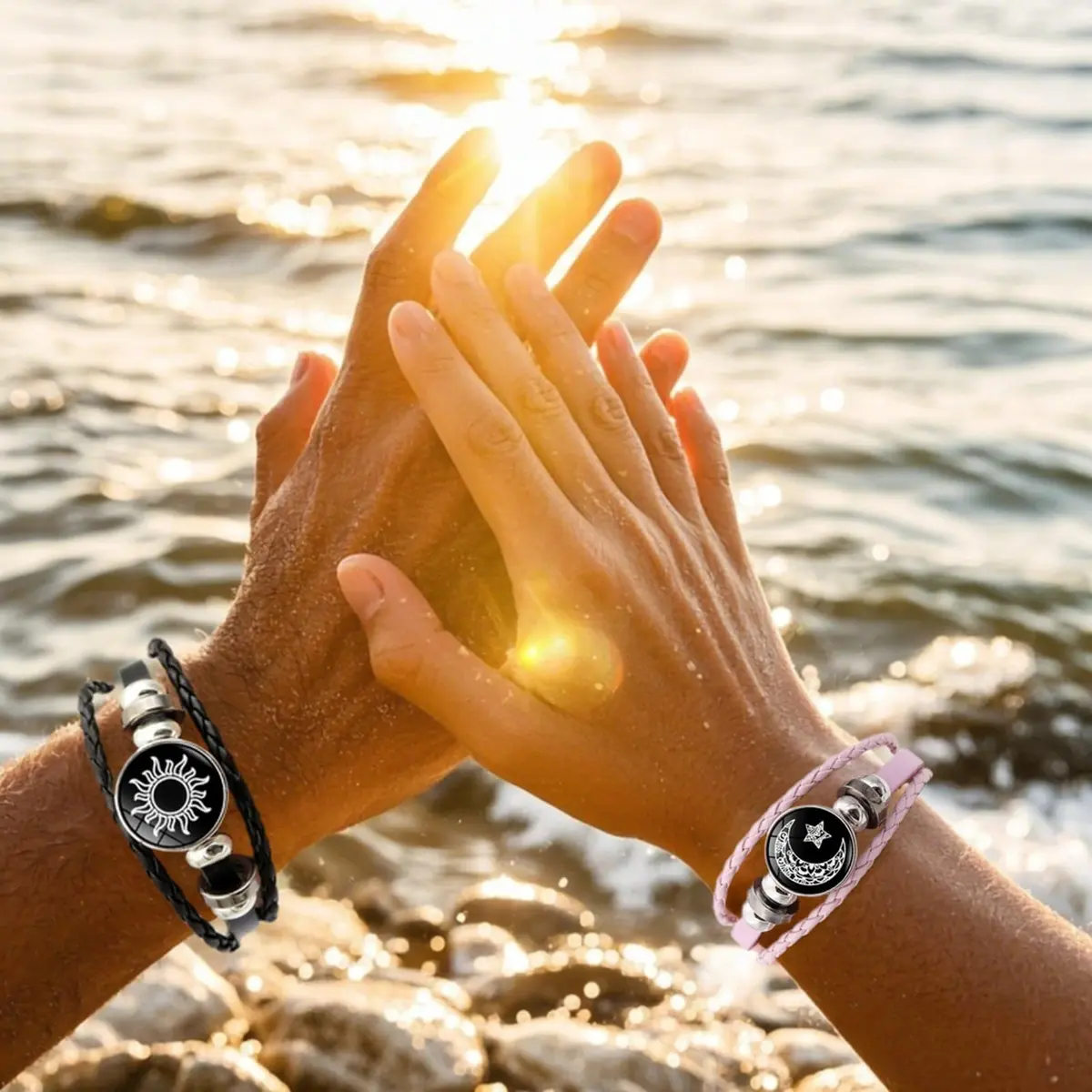 MENGYUEXUAN Luminous Sun and Moon Couple Bracelet | Glow in the Dark Adjustable Leather Jewelry for Couples - view 2