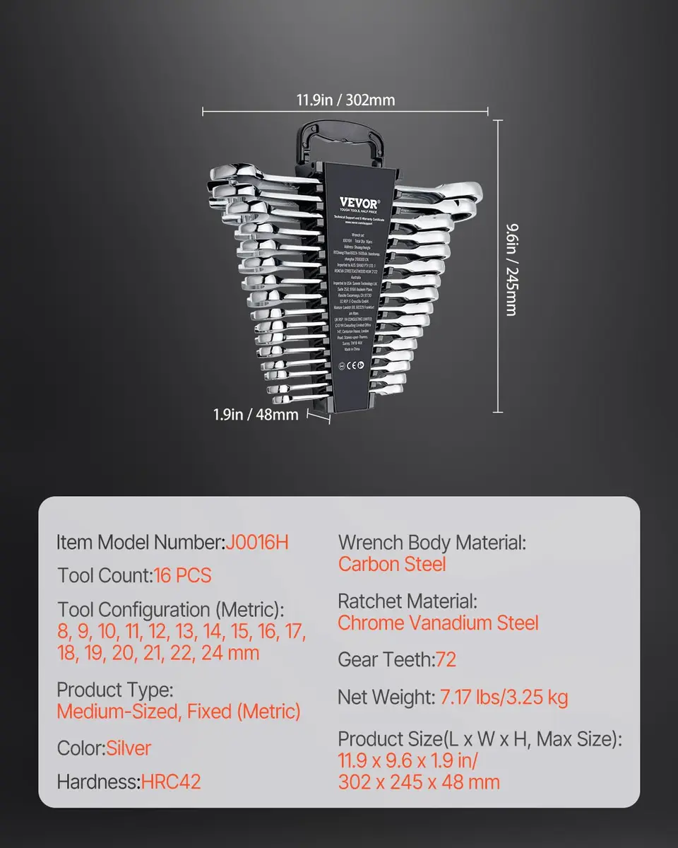 VEVOR Combination Wrench Set, 16-Piece Metric Ratcheting Wrenches, Cr-V Steel, 8-24 mm | Precise, Durable, Portable - view 7