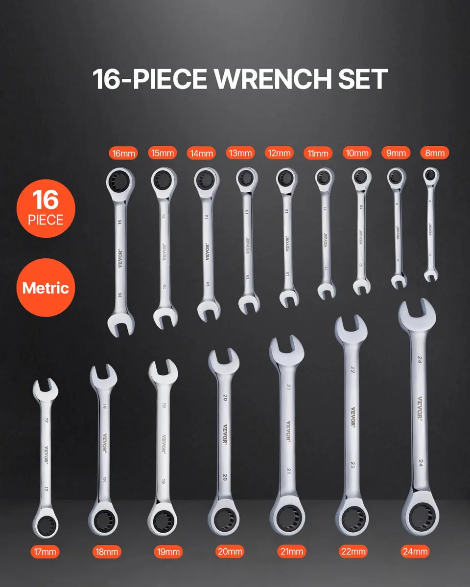 VEVOR Combination Wrench Set, 16-Piece Metric Ratcheting Wrenches, Cr-V Steel, 8-24 mm | Precise, Durable, Portable - view 2
