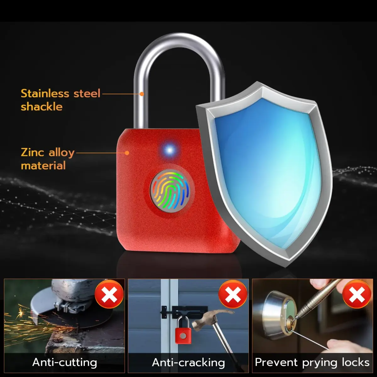 Pothunder Biometric Fingerprint Padlock Red | 2.3cm (0.9") Shackle - view 5