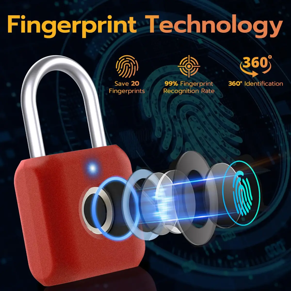 Pothunder Biometric Fingerprint Padlock Red | 2.3cm (0.9") Shackle - view 3