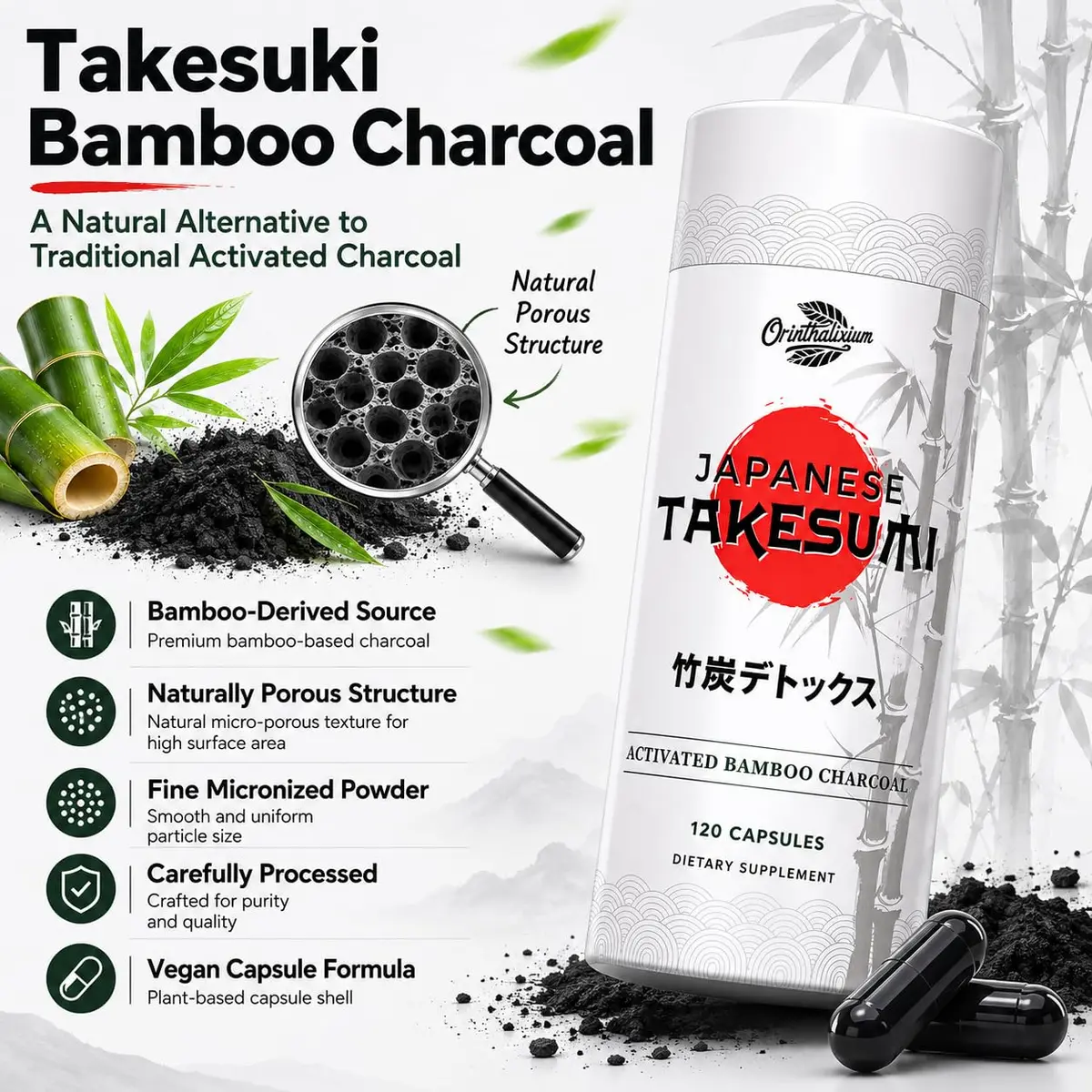Orinthalixium Activated Charcoal Capsules 2000mg | Vegan Detox Supplement for Gut & Digestive Health - view 2