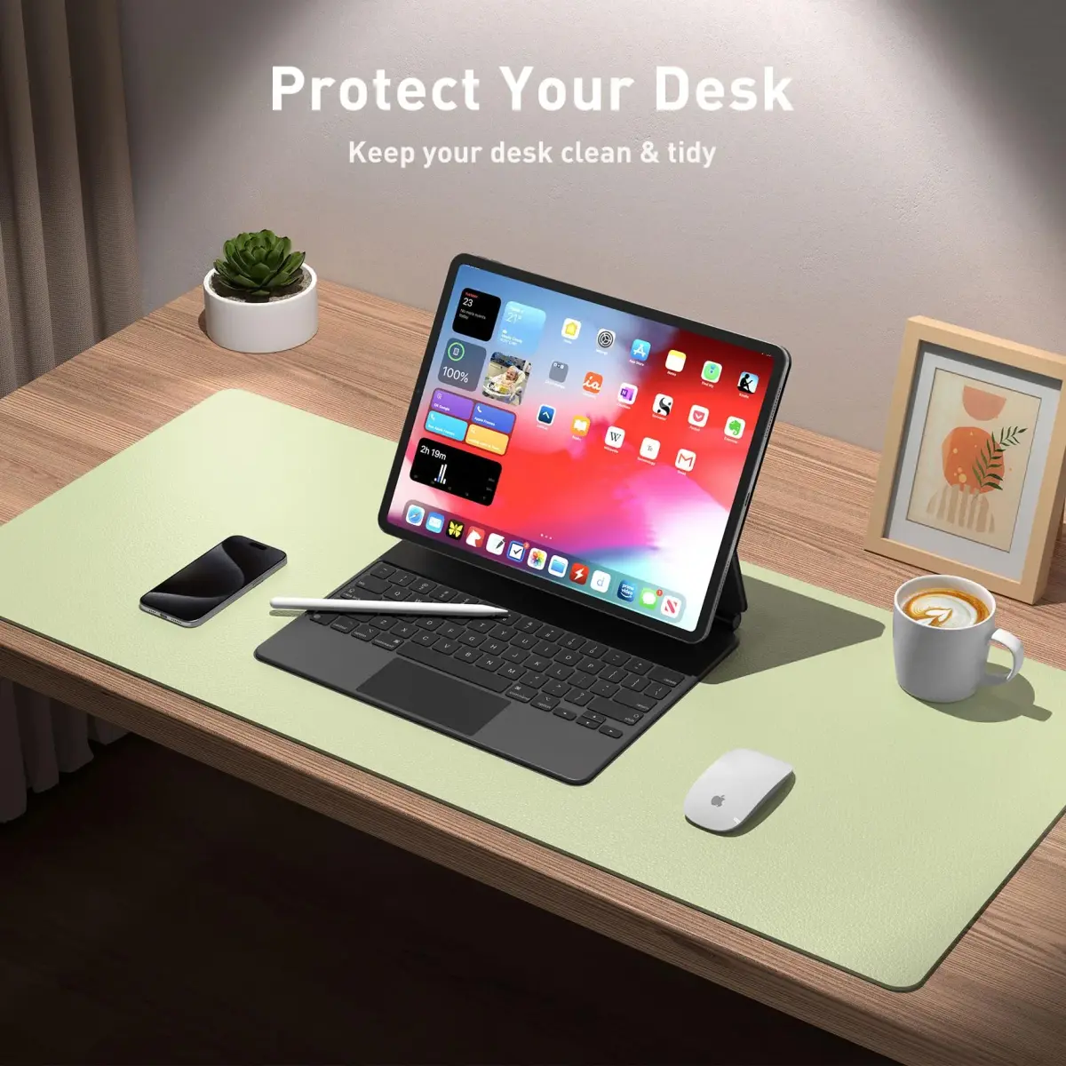 Aothia Grass Green PU Leather Desk Pad 122cm x 43cm (48"x17") | Protects Desks, Smooth Writing Surface - view 5