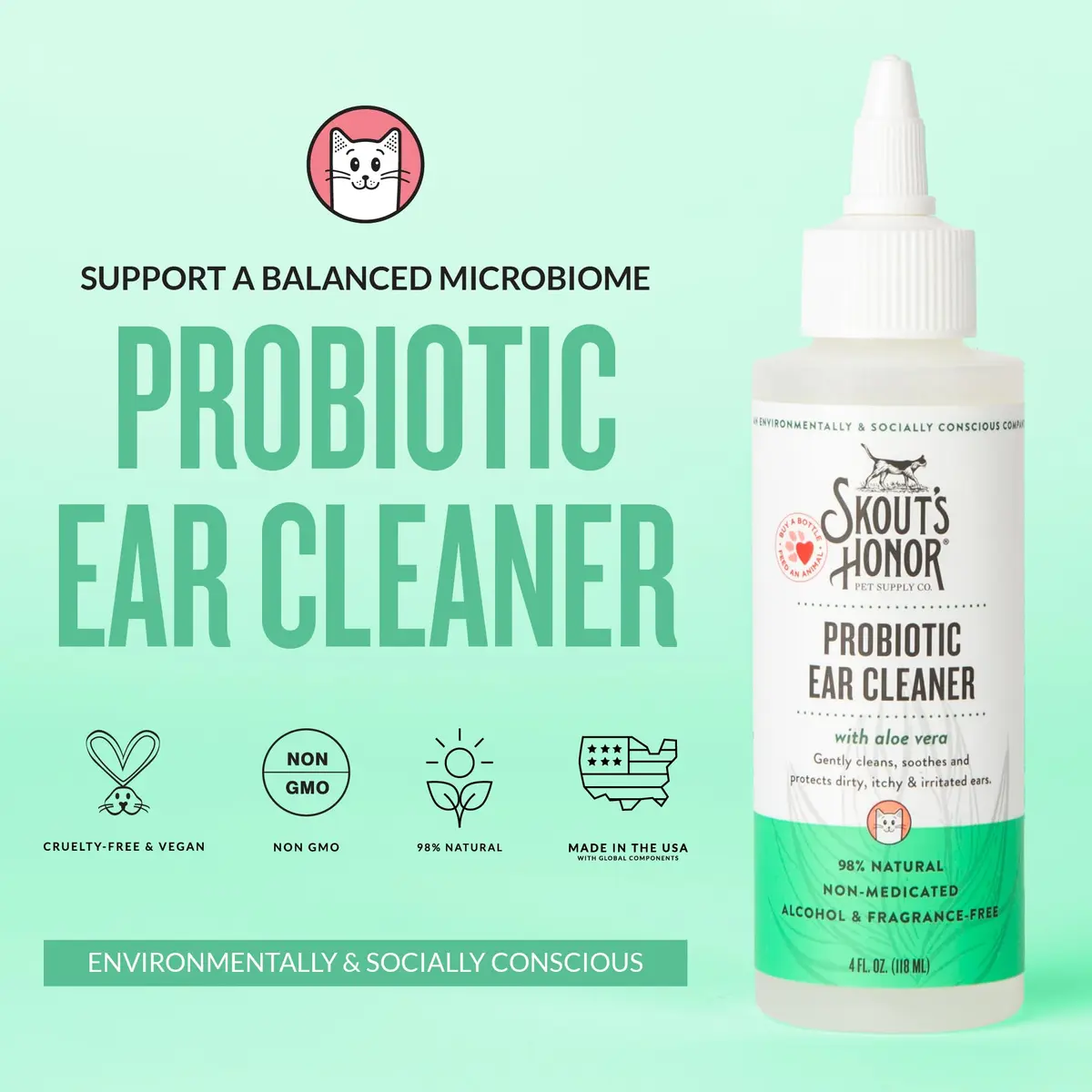 SKOUT'S HONOR Probiotic Cat Ear Cleaner 4 oz | Alcohol-Free, Fragrance-Free, Non-Medicated - view 3