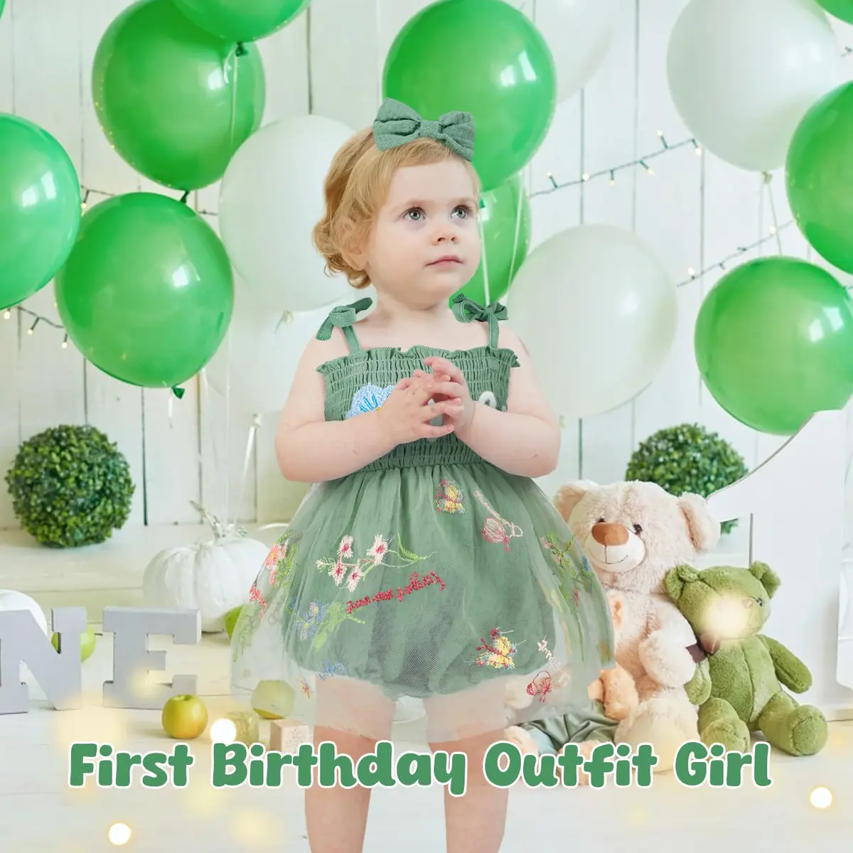 HONGTEYA Baby Girl 1st Birthday Outfit Green Tulle Dress with Headband (12-18 Months) - view 4