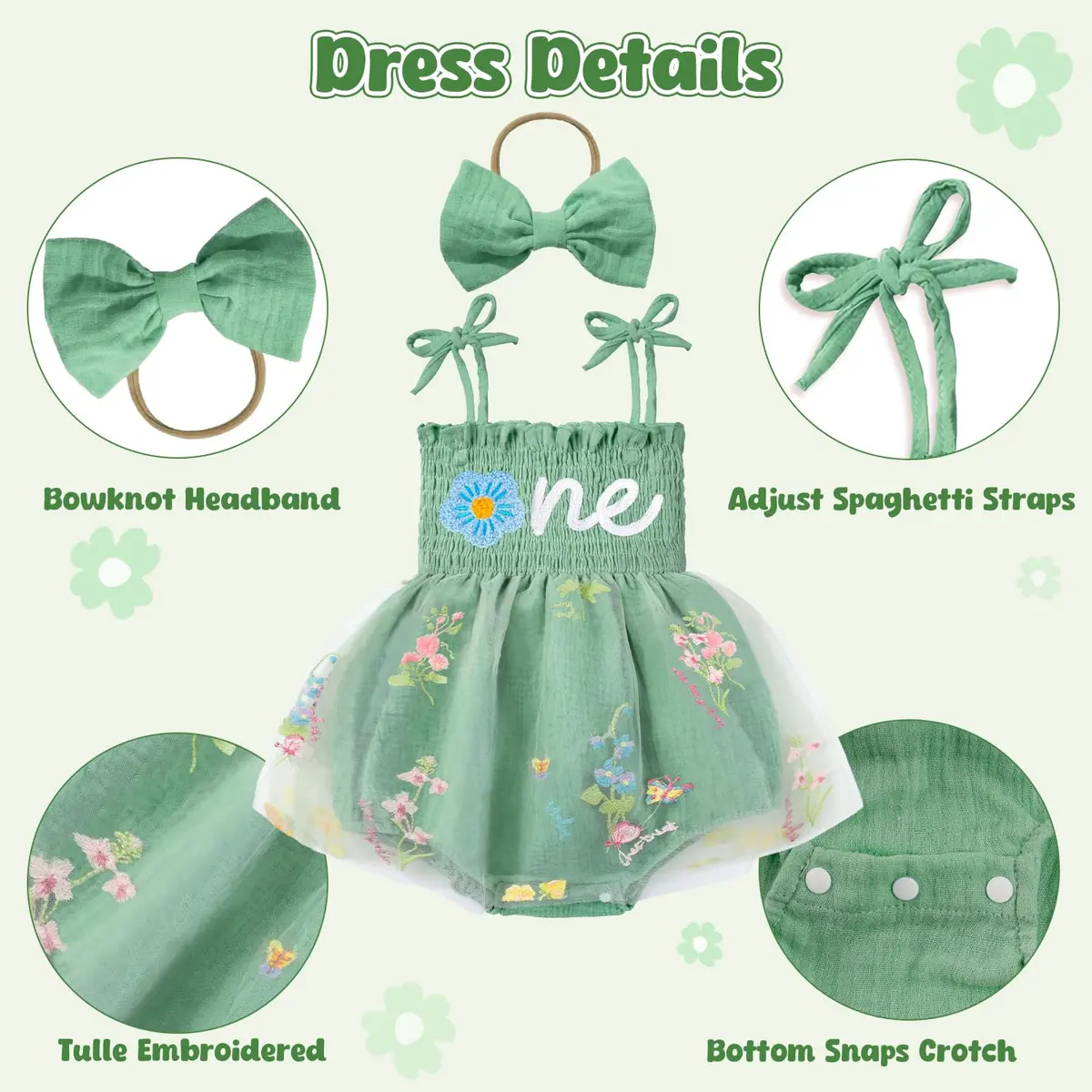 HONGTEYA Baby Girl 1st Birthday Outfit Green Tulle Dress with Headband (12-18 Months) - view 5