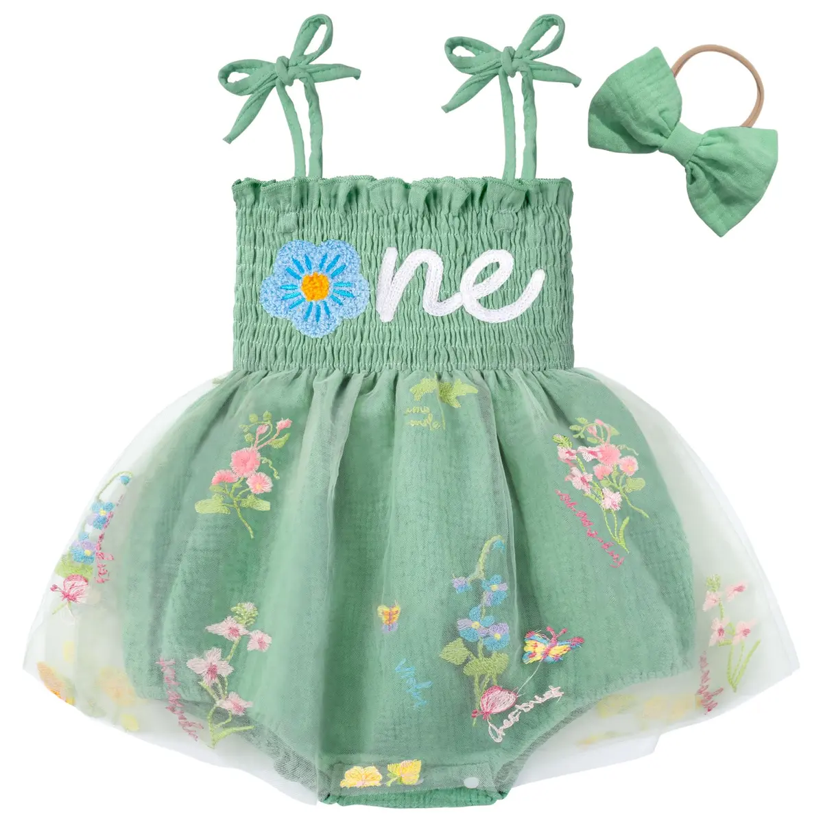 HONGTEYA Baby Girl 1st Birthday Outfit Green Tulle Dress with Headband (12-18 Months) - main product image