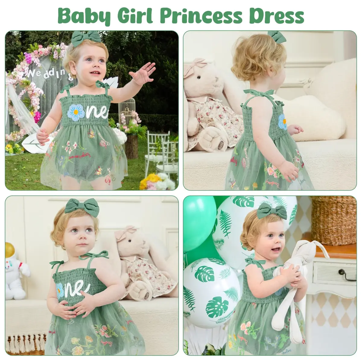 HONGTEYA Baby Girl 1st Birthday Outfit Green Tulle Dress with Headband (12-18 Months) - view 2
