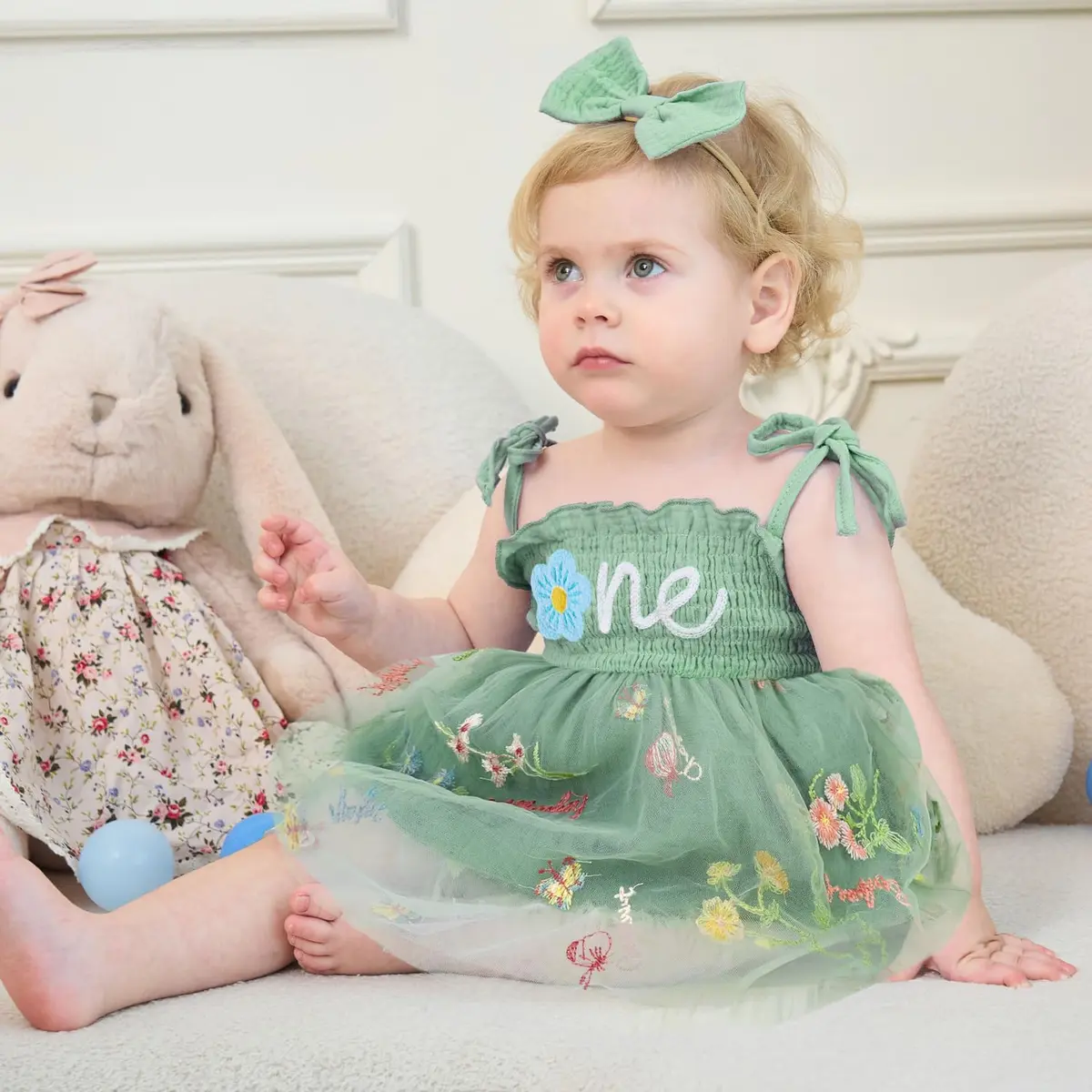 HONGTEYA Baby Girl 1st Birthday Outfit Green Tulle Dress with Headband (12-18 Months) - view 3