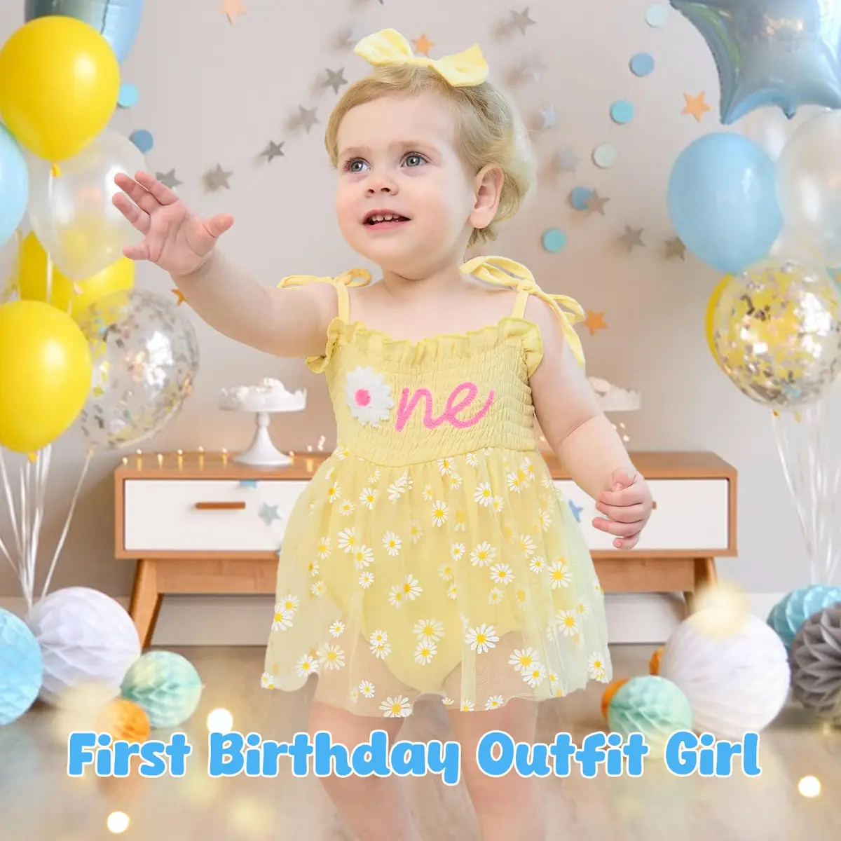 HONGTEYA Baby Girl's 1st Birthday Outfit Romper Tulle Dress with Headband, Yellow, 9-12 Months (0.12 kg) - view 4
