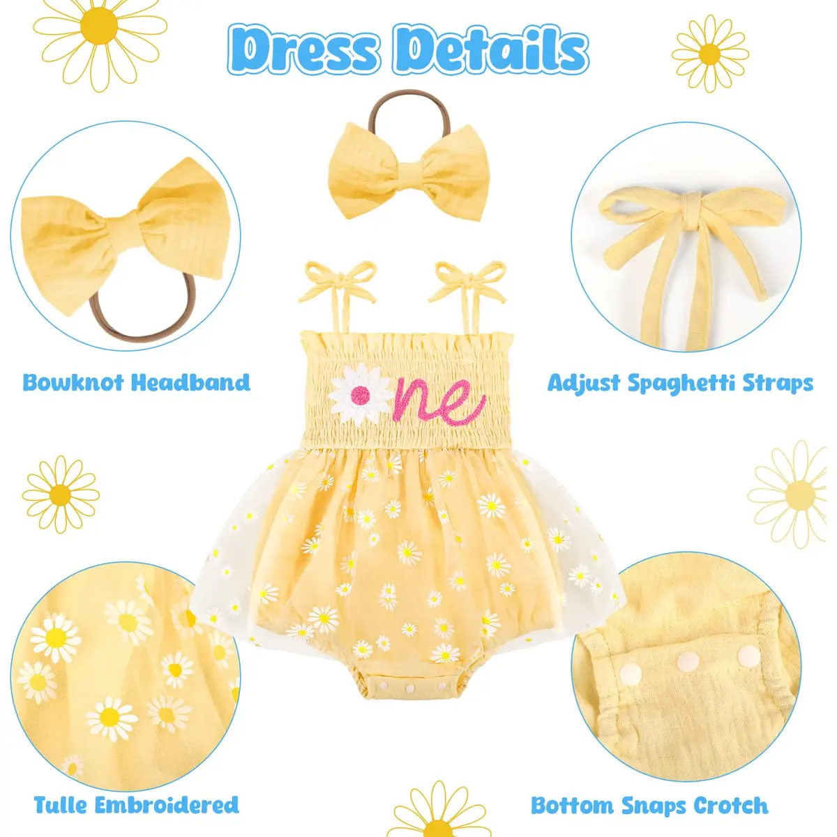 HONGTEYA Baby Girl's 1st Birthday Outfit Romper Tulle Dress with Headband, Yellow, 9-12 Months (0.12 kg) - view 5
