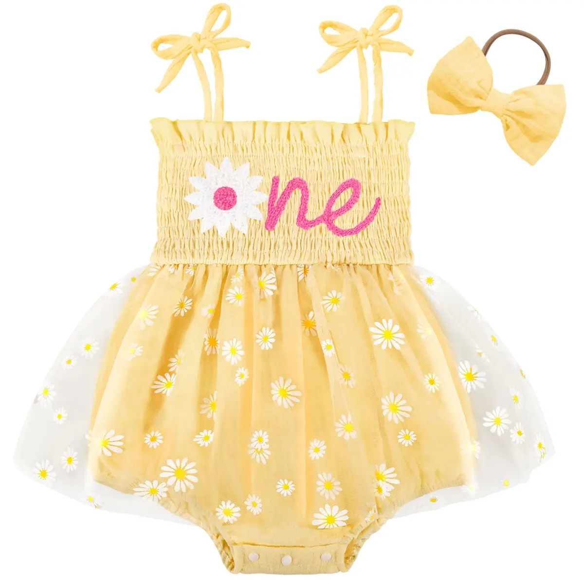 HONGTEYA Baby Girl's 1st Birthday Outfit Romper Tulle Dress with Headband, Yellow, 9-12 Months (0.12 kg) - main product image