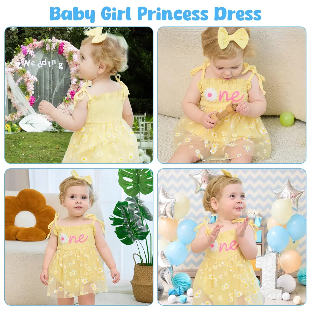 HONGTEYA Baby Girl's 1st Birthday Outfit Romper Tulle Dress with Headband, Yellow, 9-12 Months (0.12 kg) - view 2