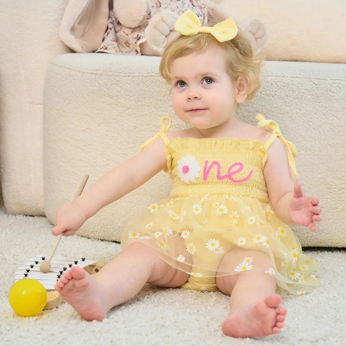 HONGTEYA Baby Girl's 1st Birthday Outfit Romper Tulle Dress with Headband, Yellow, 9-12 Months (0.12 kg) - view 3