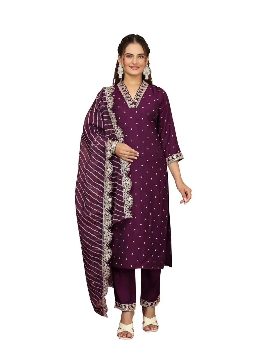 Yashika Women's Silk Blend Kurta Pant Set with Digital Print Cotton Mal Embroidery Dupatta, Purple, L - main product image