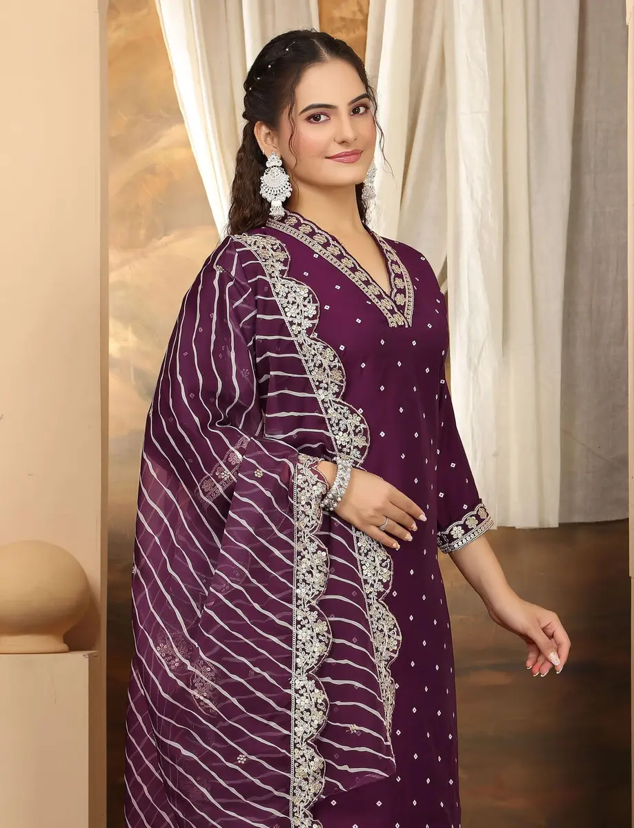 Yashika Women's Silk Blend Kurta Pant Set with Digital Print Cotton Mal Embroidery Dupatta, Purple, L - view 3