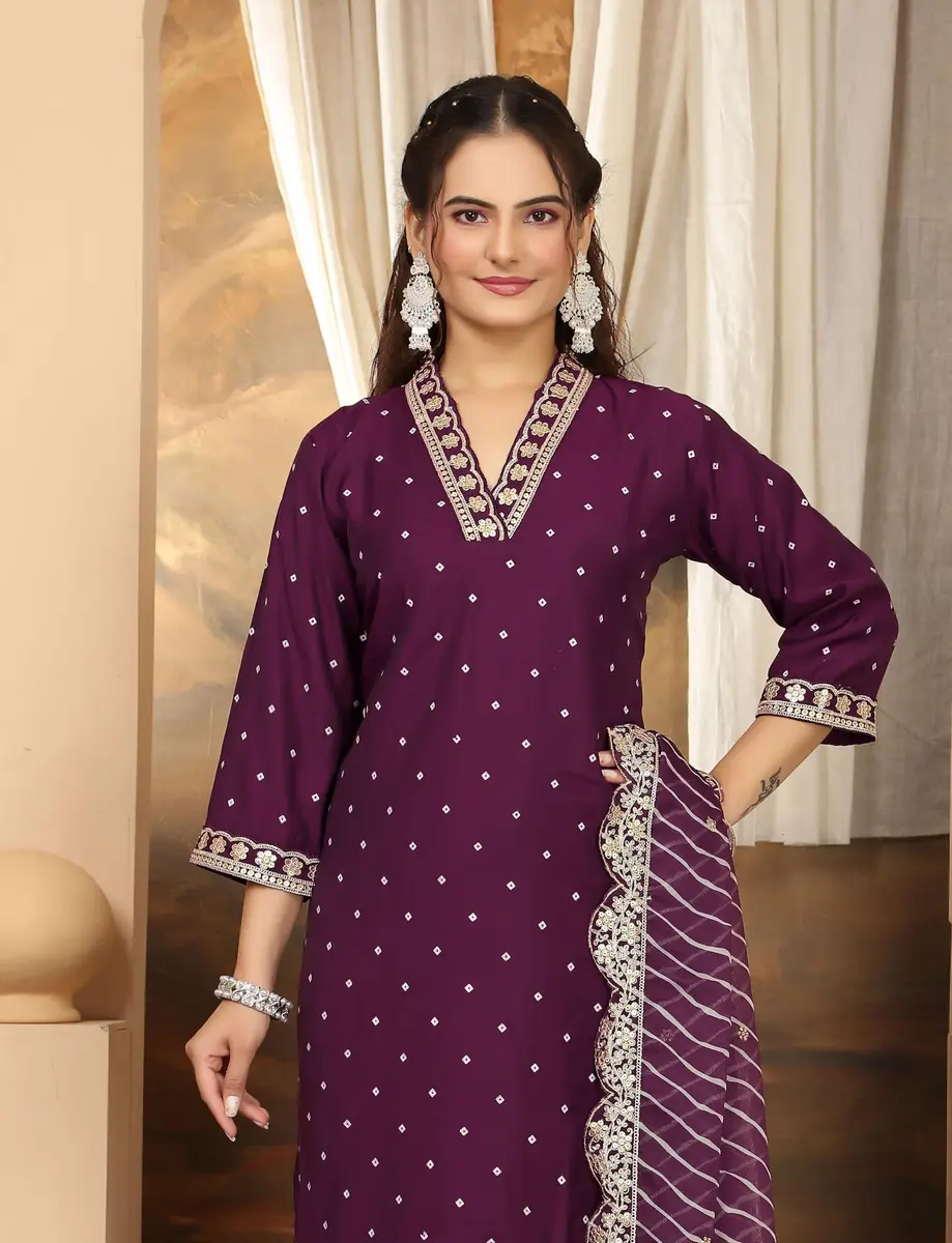 Yashika Women's Silk Blend Kurta Pant Set with Digital Print Cotton Mal Embroidery Dupatta, Purple, L - view 4
