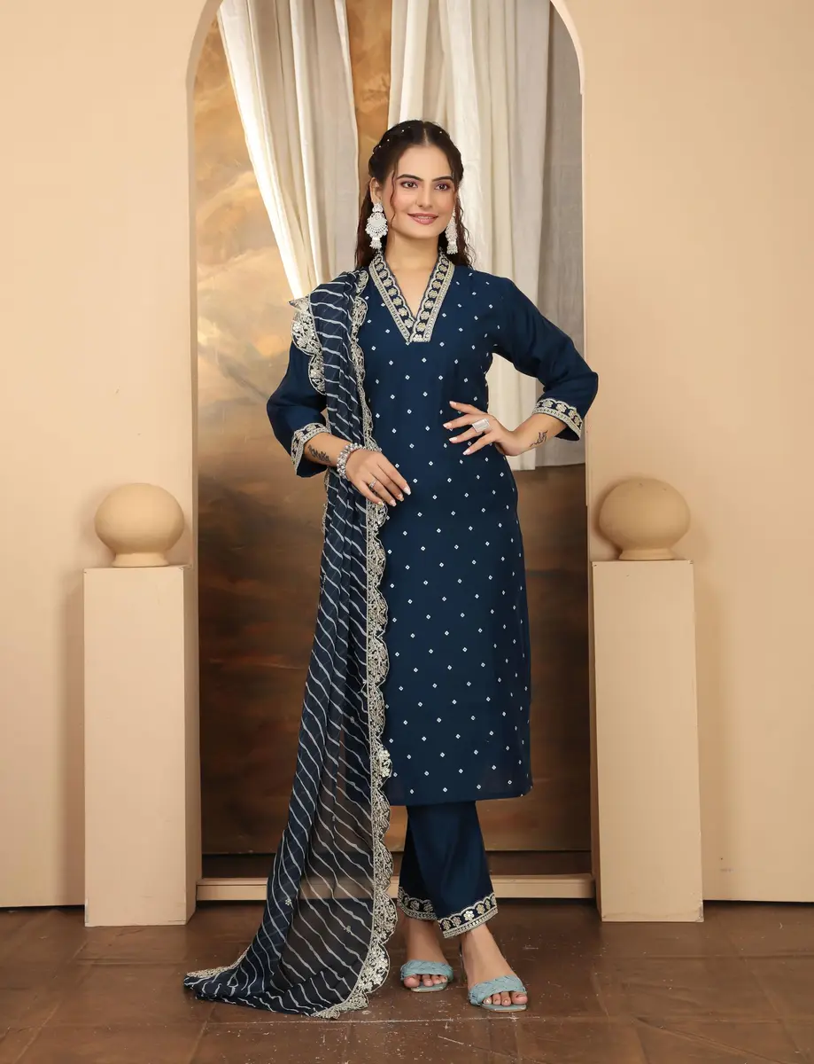 Yashika Women's Silk Blend Kurta Pant Set with Mal Cotton Dupatta, Light Brown::Blue, S | Elegant Indian Ethnic Wear - view 2