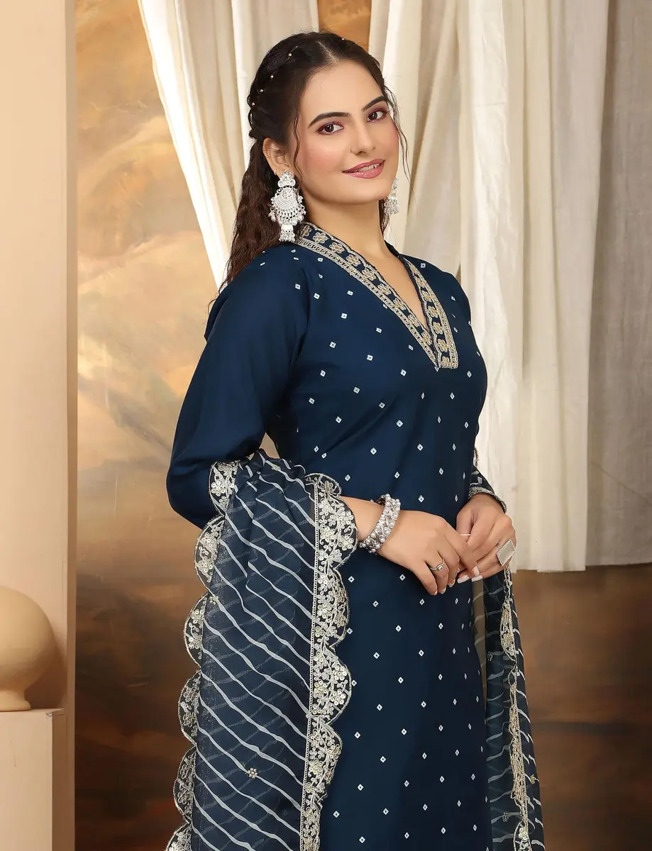 Yashika Women's Silk Blend Kurta Pant Set with Mal Cotton Dupatta, Light Brown::Blue, S | Elegant Indian Ethnic Wear - view 3