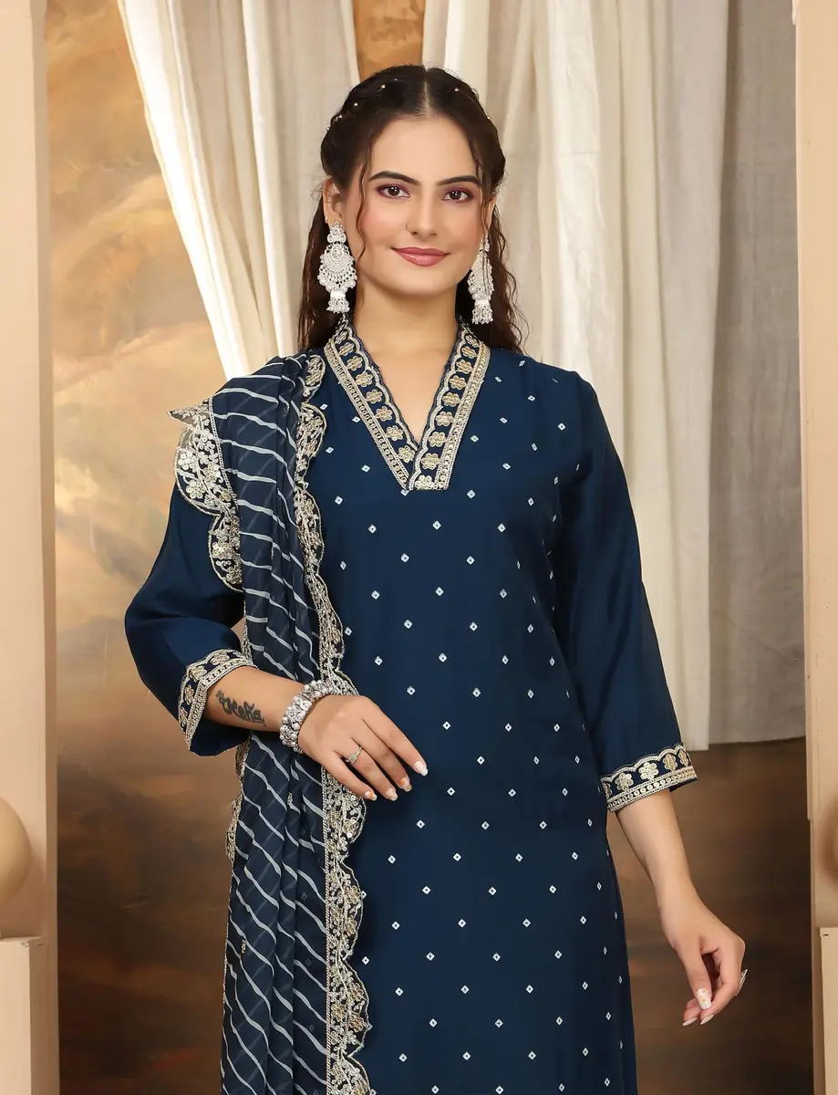 Yashika Women's Silk Blend Kurta Pant Set with Mal Cotton Dupatta, Light Brown::Blue, S | Elegant Indian Ethnic Wear - view 4