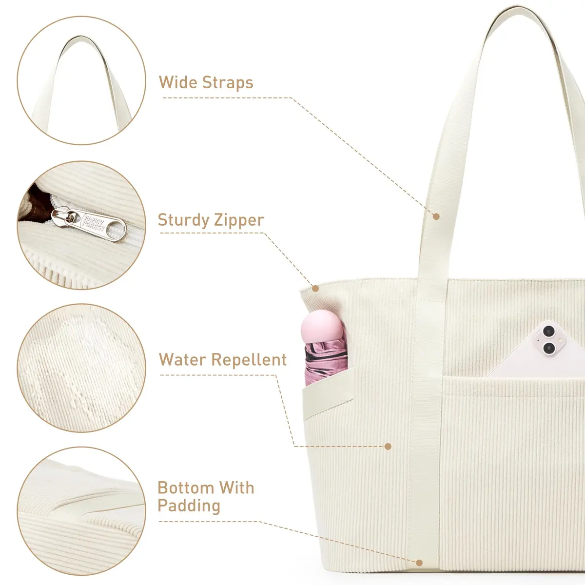 DIXEIGHT Tote Bag for Women, Large Capacity, Water-Resistant Corduroy, Zipper Closure, Fits 15.6" Laptop, Casual Style - view 6