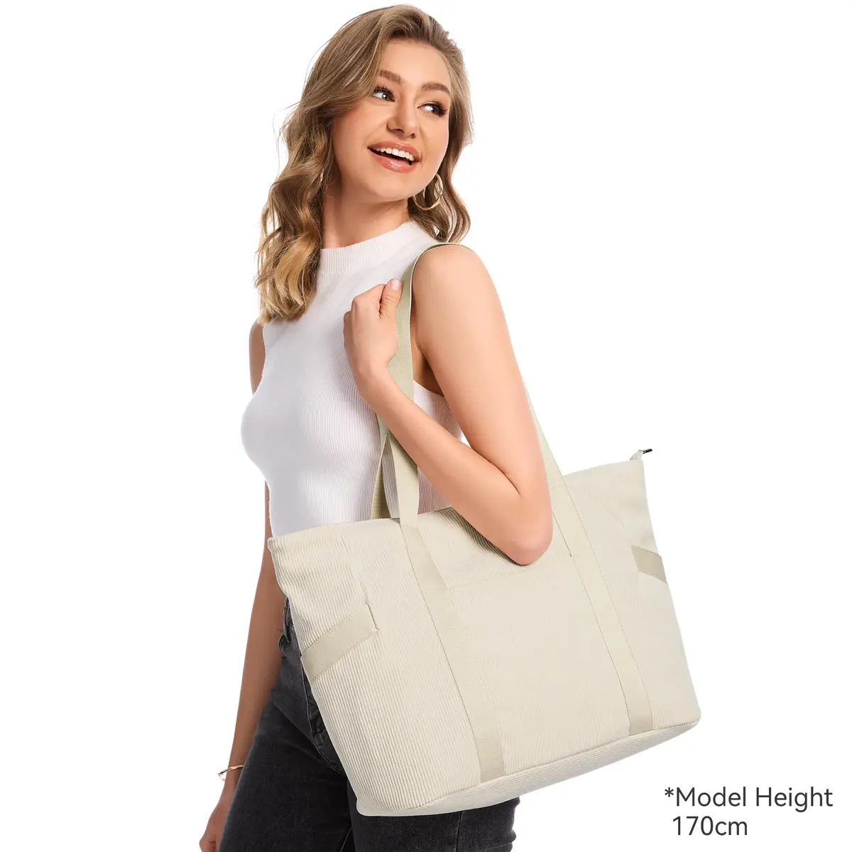 DIXEIGHT Tote Bag for Women, Large Capacity, Water-Resistant Corduroy, Zipper Closure, Fits 15.6" Laptop, Casual Style - view 2