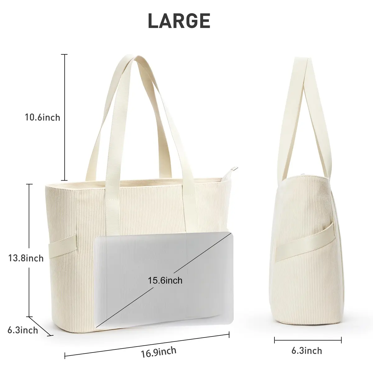 DIXEIGHT Tote Bag for Women, Large Capacity, Water-Resistant Corduroy, Zipper Closure, Fits 15.6" Laptop, Casual Style - view 4