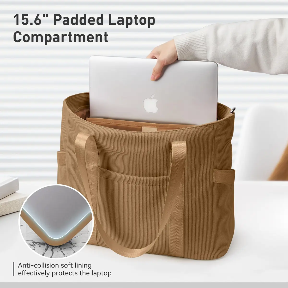 DIXEIGHT Tote Bag for Women, Large Capacity, Water-Resistant Corduroy, Zipper Closure, Fits 15.6" Laptop, Casual Style - view 7