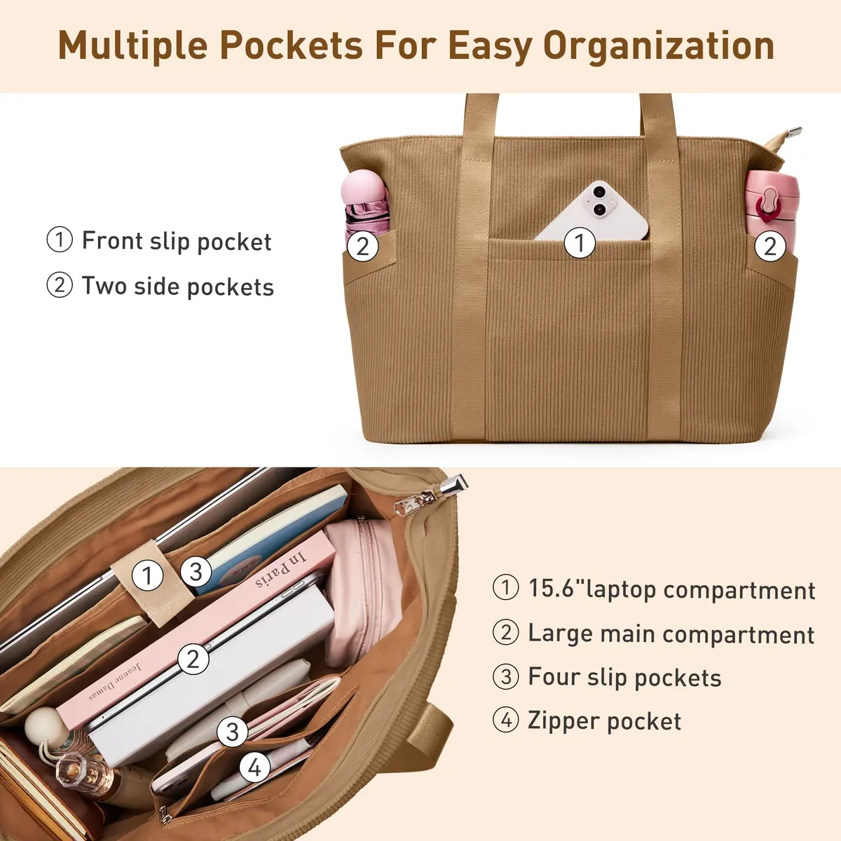 DIXEIGHT Tote Bag for Women, Large Capacity, Water-Resistant Corduroy, Zipper Closure, Fits 15.6" Laptop, Casual Style - view 8